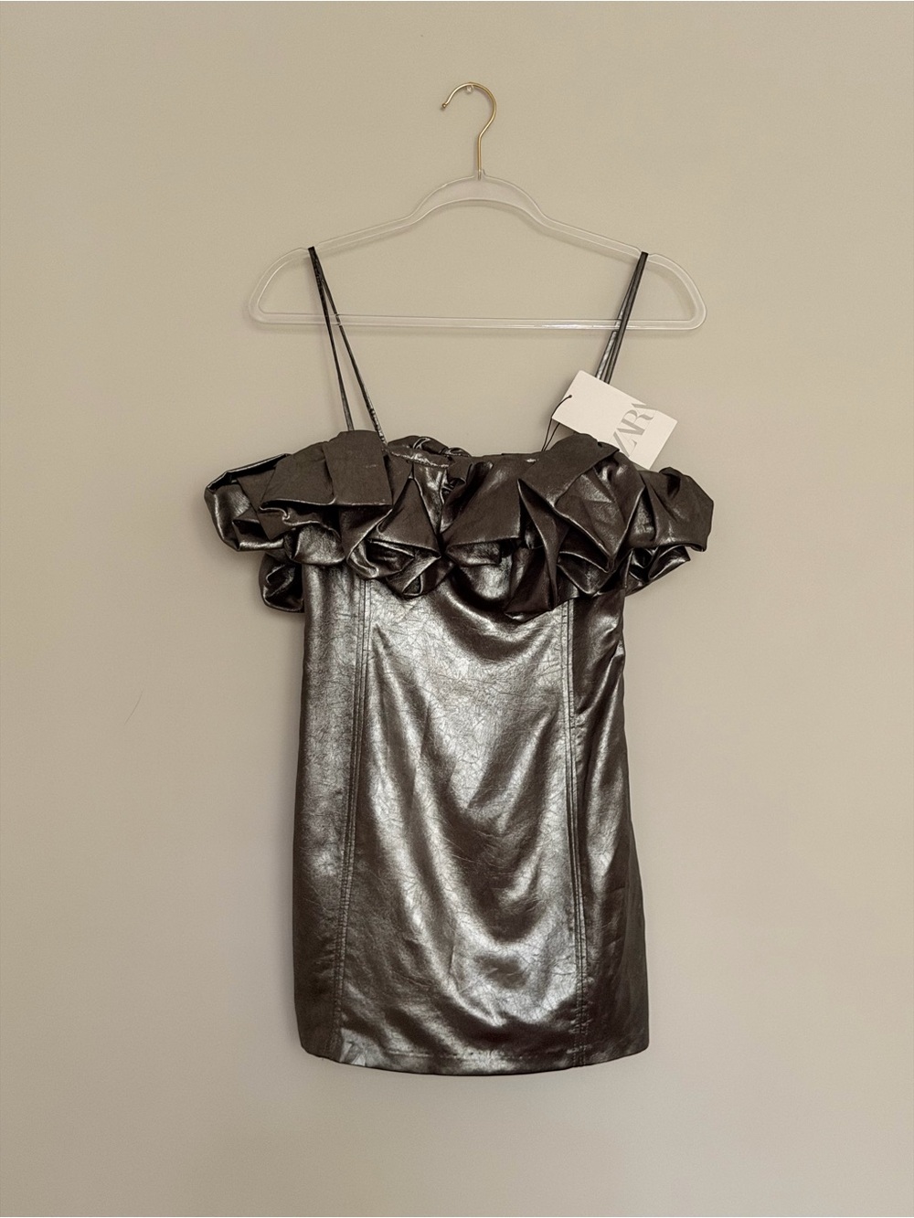 Zara Metallic Black Ruffle Mini Dress